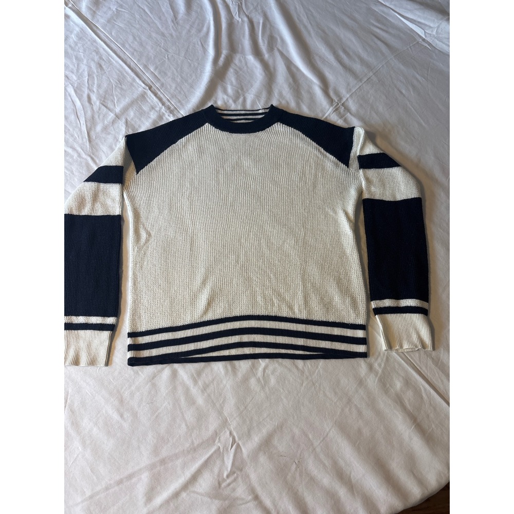 Faherty Sweater Women XS White Navy Striped Raglan Waffle Crewneck
